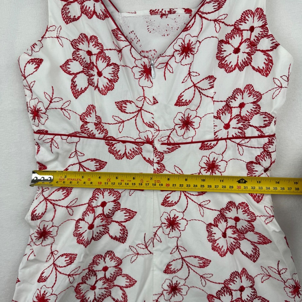 Mica Vintage White Dress Red‎ Floral Embroidered Sleeveless V Neck Summer Party - Picture 7 of 8